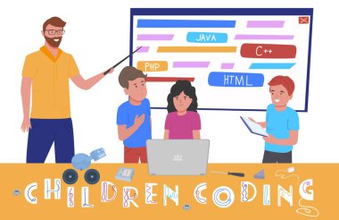 Children coding school. Online programming together. Young multiracial students with a teacher in computer laboratory. Teamwork during informatics lesson. Editable vector illustration. Graphic design
