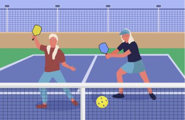 Playing pickleball. New indoor or outdoor racket sport with solid-faced paddles, that combines many elements of tennis, badminton and ping-pong. Editable vector illustration. Horizontal background