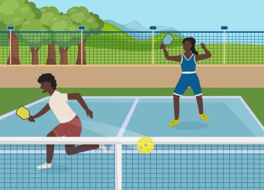Playing pickleball. New indoor or outdoor racket sport with solid-faced paddles, that combines many elements of tennis, badminton and ping-pong. Editable vector illustration. Horizontal background