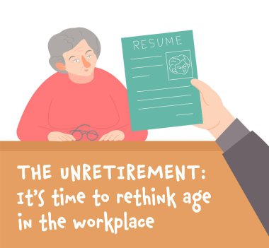 The unretirement uprising. Hiring process. Old woman at job interview. New trend in recruiting people. Editable vector illustration in flat style isolated on a transparent background. Graphic design.