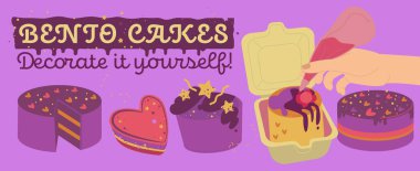Korean Bento mini box cake. Small dessert. Cute, romantic, tasty holiday present. Individual sweet gift. Landscape poster. Promotional banner. Editable vector illustration on a violet background