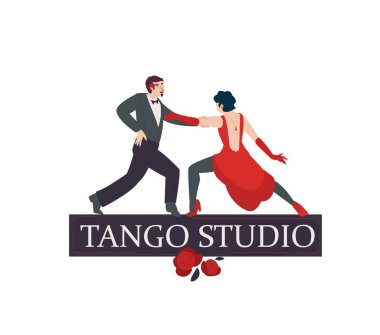 Couple dancing tango. Ballroom dances logo. Dance school, academy logotype idea. Flat style. Editable vector illustration in vivid colors on a transparent background.