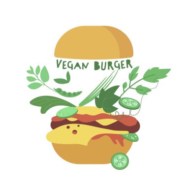 Plant based protein concept. Vegetarian hamburger. Healthy natural vegan food. Graphic design. Editable vector illustration in flat style isolated on a transparent background.