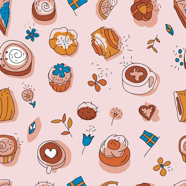 Coffee Break Fika Seamless Decorative Pattern Cute Traditional Food Sweden — Stock Vector