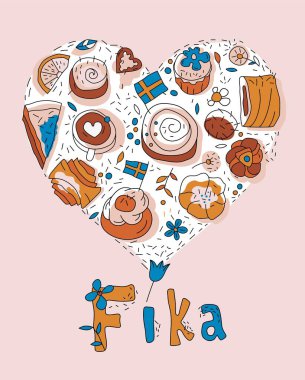 Kahve molası, fika dekoratif poster. İsveç 'ten güzel geleneksel yemekler. Üst Manzara. Pastane, şekerleme dükkanı, şekerci dükkanı geçmişi. El çizimi biçiminde düzenlenebilir izole vektör illüstrasyonu