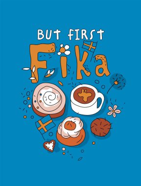 Kahve molası, fika dekoratif poster. İsveç 'ten güzel geleneksel yemekler. Üst Manzara. Pastane, şekerleme dükkanı, şekerci dükkanı geçmişi. El çizimi biçiminde düzenlenebilir izole vektör illüstrasyonu