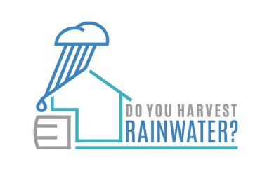 Rainwater harvesting print. Drought tolerant banner idea. Collecting rain drops. Responsible lifestyle concept. Landscape banner with a question and line icon. Editable vector illustration isolated on clipart