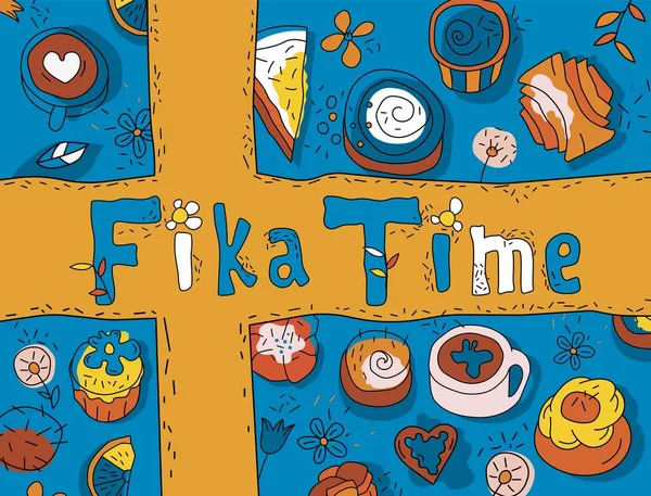 Koffie Pauze Fika Decoratieve Poster Leuke Traditionele Gerechten Uit Zweden — Stockvector