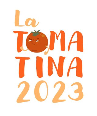 La tomatina. İspanya 'da yemek festivali. Dünyanın en büyük domates savaşı. Geleneksel etkinlik. Bunol 'da güçlü bir gelenek. Yaratıcı harfler. Beyaz arkaplanda izole edilmiş düzenlenebilir vektör illüstrasyonu.