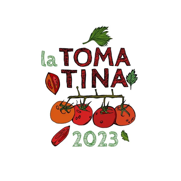 La tomatina. İspanya 'da yemek festivali. Dünyanın en büyük domates savaşı. Geleneksel etkinlik. Bunol 'da güçlü bir gelenek. Yaratıcı çizim. Beyaz arkaplanda izole edilmiş düzenlenebilir vektör illüstrasyonu.