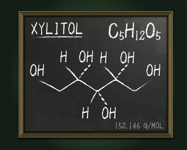 学校の黒板に甘味料Xylitolの分子構造 式C5H12O5 バーチ シュガー 食品添加物 教育用画像 編集可能な絶縁ベクトル図 景観の背景 — ストックベクタ