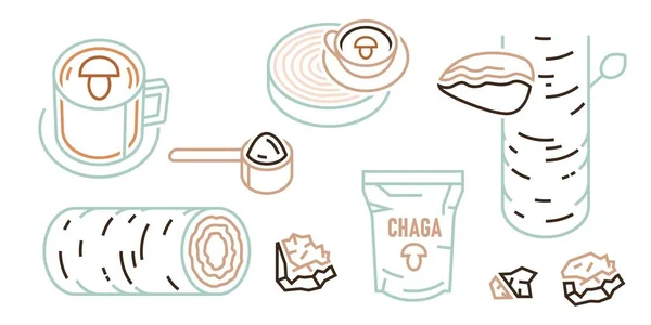 Εικονίδια Chagaccino Συλλογή Περίγραμμα Στυλ Βιολογικό Λάττε Μανιτάρια Τσάγκα Κακάο — Διανυσματικό Αρχείο