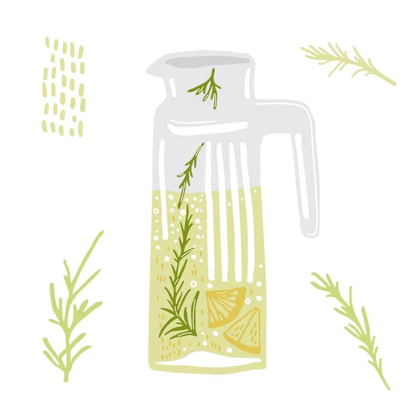 stock vector Homemade water with rosemary and lemon. Cold soda drink in a jar with citrus fruit slices. Summer refreshment detox lemonade. Creative graphic vector illustration isolated on a white background