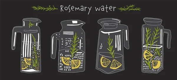 Homemade Water Rosemary Lemon Cold Soda Drink Jar Citrus Fruit — Stock Vector