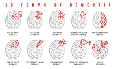 Vector dementia infographic in outline style. Medical editable illustration in grey and red color isolated on white background. Useful information for elderly people. Landscape poster. Graphic design