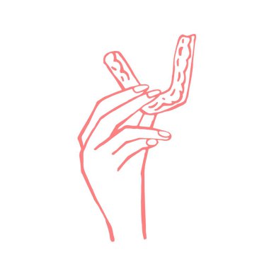 Orthodontic silicone trainer. Invisible braces retainer. Medical concept. Hand holding aligner. Under jaw. Hand drawn style. Editable vector illustration isolated on a white background.