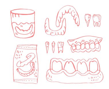 Ortodontik silikon eğitmen seti. Görünmez diş teli. Tıbbi konsept. El ele tutuşmalar. Çene altında. Yararlı tasarım elemanları. Beyaz arkaplanda izole edilmiş düzenlenebilir vektör illüstrasyonu.