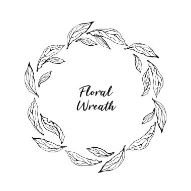 Çiçekli el çelengi. Körfez yapraklı botanik çizimi. Yaz karşılama arabası, düğün ya da davetiye. Beyaz arkaplanda siyah renkli düzenlenebilir vektör ilüstrasyonu izole edildi