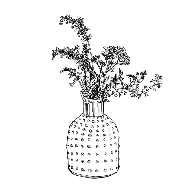 白い背景に隔離された花瓶に野生の咲く花 ブラックカラーのガーデンブーケ カード ポスター 招待状の設計に役立つ装飾的な花の要素 インク手描きベクターイラスト — ストックベクタ