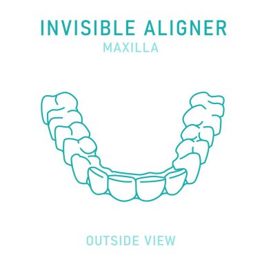 Ortodontik silikon eğitmeni. Görünmez diş telleri hizalayıcı, diş teli. Tıbbi entrika. Dış görünüş. Üst çene. Maxilla. Yatay poster. Beyaz arkaplanda izole edilmiş düzenlenebilir vektör illüstrasyonu.