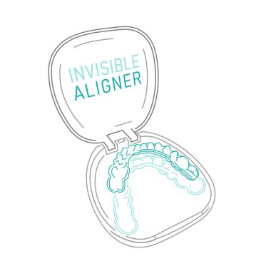 Ortodontik silikon eğitmeni. Görünmez diş telleri hizalayıcı, diş teli. Tıbbi tedavi. Açık tepsi. Şeffaf telleri olan plastik bir çanta. Beyaz arkaplanda izole edilmiş düzenlenebilir vektör illüstrasyonu.