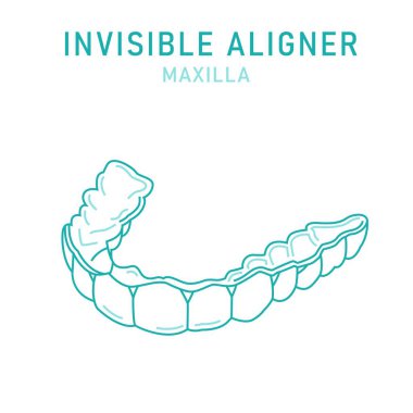 Ortodontik silikon eğitmeni. Görünmez diş telleri hizalayıcı, diş teli. Tıbbi entrika. Dış görünüş. Üst çene. Maxilla. Yatay poster. Beyaz arkaplanda izole edilmiş düzenlenebilir vektör illüstrasyonu.