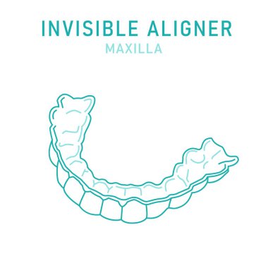 Ortodontik silikon eğitmeni. Görünmez diş telleri hizalayıcı, diş teli. Tıbbi entrika. Dış görünüş. Üst çene. Maxilla. Yatay poster. Beyaz arkaplanda izole edilmiş düzenlenebilir vektör illüstrasyonu.