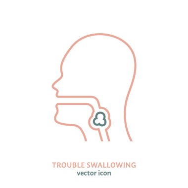 Disfaji doğrusal simgesi. Aphagia çizgisi çizimi. Sembolü yutmakta zorlanıyorum. Deglutitif sorun. Ana hatlarıyla tıbbi işaretler. Beyaz arkaplanda izole edilmiş düzenlenebilir vektör illüstrasyonu.