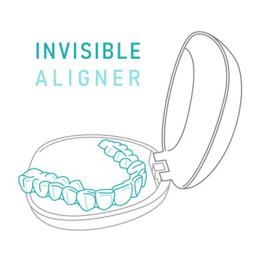 Ortodontik silikon eğitmeni. Görünmez diş telleri hizalayıcı, diş teli. Tıbbi tedavi. Açık tepsi. Şeffaf telleri olan plastik bir çanta. Beyaz arkaplanda izole edilmiş düzenlenebilir vektör illüstrasyonu.