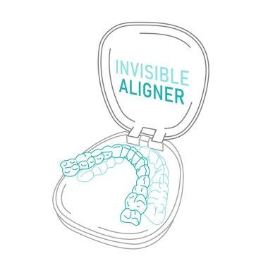 Ortodontik silikon eğitmeni. Görünmez diş telleri hizalayıcı, diş teli. Tıbbi tedavi. Açık tepsi. Şeffaf telleri olan plastik bir çanta. Beyaz arkaplanda izole edilmiş düzenlenebilir vektör illüstrasyonu.