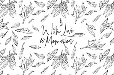 Sevgi ve Anılarla dolu bir ölüm ilanı kartpostalı. Elle çizilmiş mürekkep. Siyah, beyaz renkte vektör çizimi. Yatay arkaplan. Poster, kart, davet tasarımı için peyzaj şablonu