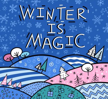 Özel tipografisi olan yeni yıl tasarımı. Basit harfler. Şenlikli poster, afiş, parlak renkli pop sanat tarzında baskı fikri. Düzenlenebilir vektör çizimi. peyzaj arka planı.