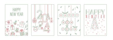İnce çizgi şeklinde hazırlanmış yaratıcı dikey posterler. Kutlama noel koleksiyonu. Özel tipografisi olan yeni yıl kartı tasarımı. Beyaz arkaplanda izole edilmiş düzenlenebilir vektör illüstrasyonu.