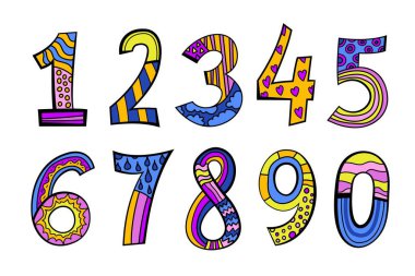 Pop sanatının el yapımı figürleri modern sade tarzda çizildi. Beyaz arka planda izole edilmiş parlak renklerde eşsiz soyut harfler. Cesur grafikler. Vektör çizimi. Yaratıcı sayı koleksiyonu.