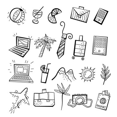 Bleisure sembolleri yerleştirildi. Seyahat etmek, çalışmak ve aynı zamanda dinlenmek. Uzaktan çalışma, dijital göçmenlik, serbest meslek. Süper belirgin trend. El çizimi ikon. Vektör illüstrasyonu beyaz üzerine izole edildi