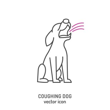 Ağzı kısmen açık öksürük ifadesi olan köpek öksürük hareketini temsil etmek için ağzından çıkan çizgiler. Düzenlenebilir vektör illüstrasyonu beyaz arkaplanda izole edildi.