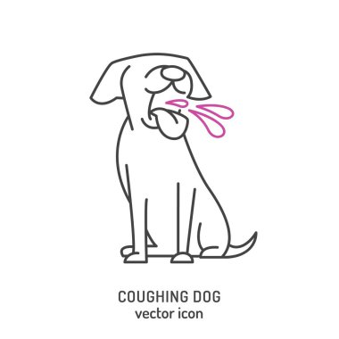 Ağzı kısmen açık öksürük ifadesi olan köpek öksürük hareketini temsil etmek için ağzından çıkan çizgiler. Düzenlenebilir vektör illüstrasyonu beyaz arkaplanda izole edildi.