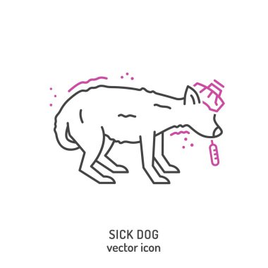 Titreyen hasta köpek ikonu. Uyuşuk ve enerjik olmayan bir evcil hayvan, ateşi ve görülebilir rahatsızlık belirtileri var. Veteriner sembolü. Beyaz arkaplanda izole edilmiş doğrusal bir şekilde düzenlenebilir vektör çizimi