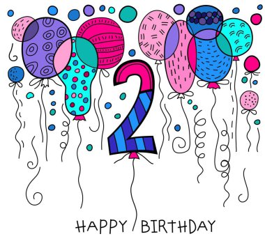 Sembolik el yazısıyla çizilmiş klasik bir doğum günü kartpostalı. İki yılı kutluyoruz. İki yıllık bir kutlama kartı. Bebeğin gelişimi ve kilometre taşları. Beyaz arkaplanda izole edilmiş vektör illüstrasyonu.