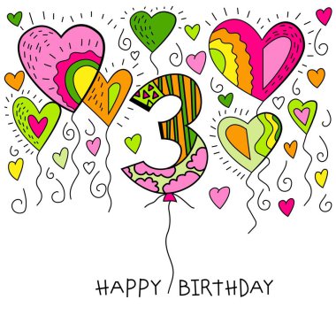 Sembolik el yazısıyla çizilmiş klasik bir doğum günü kartpostalı. Üç yılı kutluyoruz. Üç yıllık bir kutlama kartı. Bebeğin gelişimi ve kilometre taşları. Beyaz arkaplanda izole edilmiş vektör illüstrasyonu