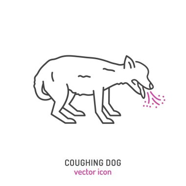 Ağzı kısmen açık öksürük ifadesi olan köpek öksürük hareketini temsil etmek için ağzından çıkan çizgiler. Düzenlenebilir vektör illüstrasyonu beyaz arkaplanda izole edildi.