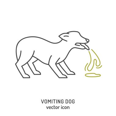 Köpek kusma ikonu. Köpek midesi sorunu. Hayvan sağlığı endişeleri. Gıda alerjisi, diyet sorunu. Köpeklerde sindirim sistemi bozulur. Beyaz arkaplan üzerinde izole edilmiş satır biçimi ile düzenlenebilir vektör illüstrasyonu