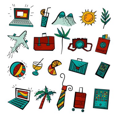 Bleisure sembolleri yerleştirildi. Seyahat etmek, çalışmak ve aynı zamanda dinlenmek. Uzaktan çalışma, dijital göçmenlik, serbest meslek. Süper belirgin trend. El çizimi ikon. Vektör illüstrasyonu beyaz üzerine izole edildi