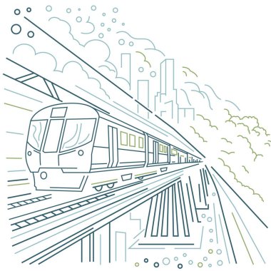 Pürüzsüz, modern elektrikli tren geniş ve parlak bir nehri kapsayan bir köprüden geçiyor. Yavaş seyahat, gelecekteki ulaşım konsepti. Simle outline biçiminde düzenlenebilir illüstrasyon. Yatay arkaplan