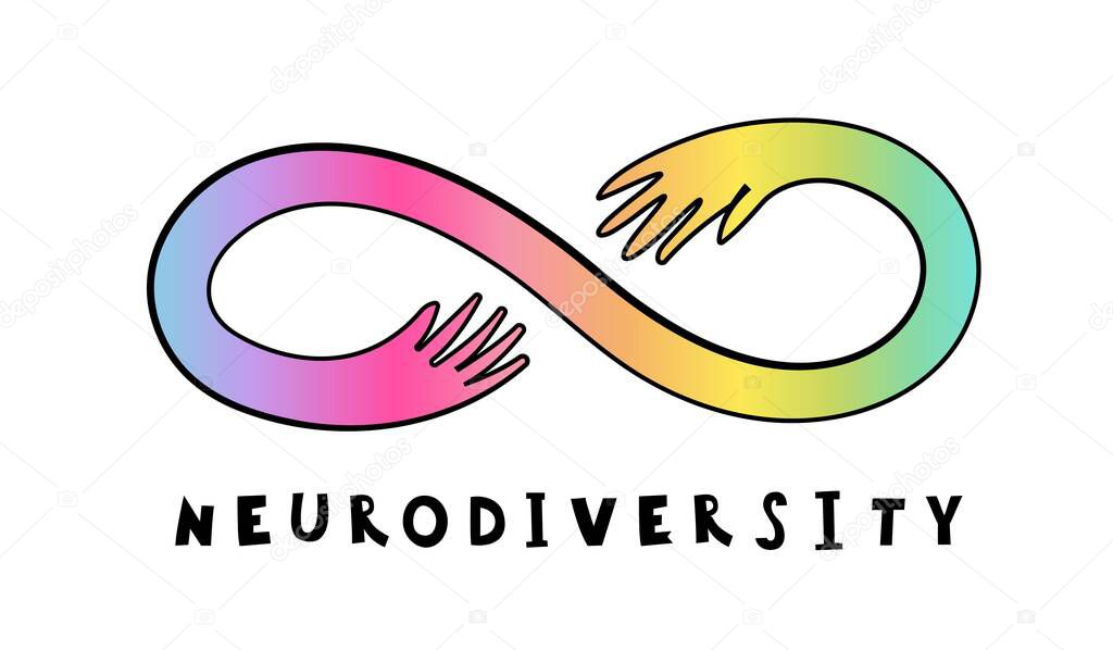 Infinity symbol composed of a vibrant spectrum of colors. This gradient represents the diversity of human minds and experiences. Hand-drawn editable vector illustration isolated on a white background