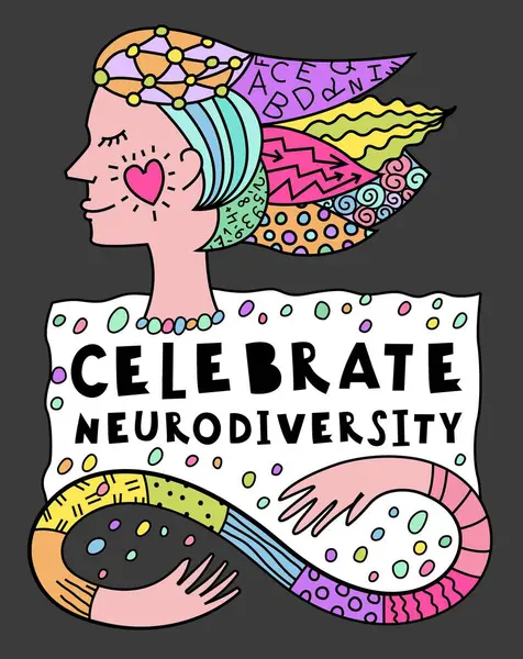 神经多样性庆祝月 自闭症谱系障碍垂直海报 Asd横幅 可编辑的矢量插图在充满活力的颜色与手工字母和字体在黑暗的背景 矢量图形