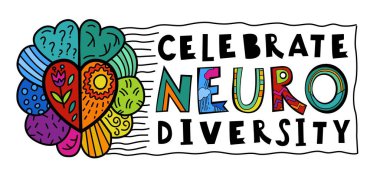 Celebrate neuro diversity. Creative hand-drawn lettering in a pop art style. Human minds and experiences diversity. Inclusive, understanding society. Vector illustration isolated on a white background clipart