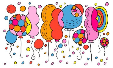 Çeşitli boyut ve renklerde sayısız renkli balon neşeli ve şenlikli bir atmosfer yaratıyor. Peyzaj dekoratif arka plan. Beyaz arkaplanda izole edilmiş düzenlenebilir vektör illüstrasyonu