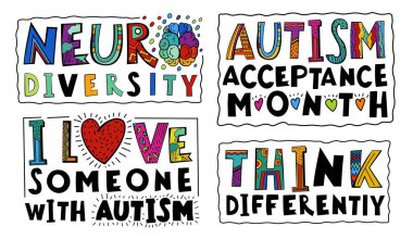 Neuro diversity, autism acceptance. Creative hand-drawn lettering in a pop art style. Human minds and experiences diversity. Inclusive, understanding society. Vector illustration on a white background clipart