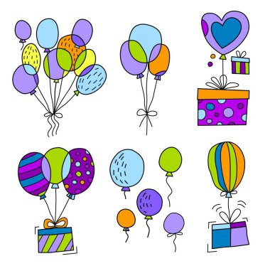 Farklı boylarda ve renklerde parlak renkli balonların toplanması neşeli ve şenlikli bir atmosfer yaratıyor. Pop sanatının dekoratif unsurları. Beyaz arkaplanda izole edilmiş vektör illüstrasyonu